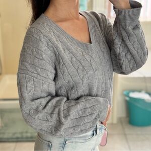 Gray Cable Knit V-Neck Crop Top Sweater
